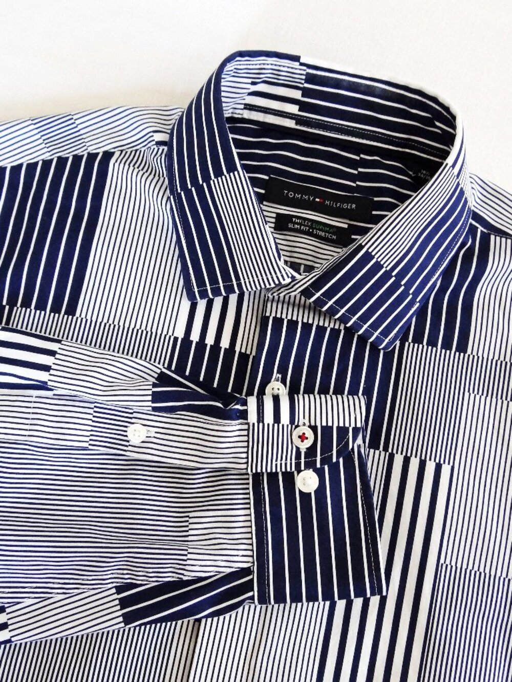 TOMMY HILFIGER Men's L Slim Fit TH Flex Blue White Stripe Shirt 16.5 34/35